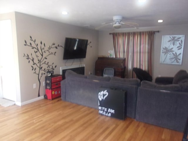14 Mutton Ln, Weymouth, MA 02189 - living room featuring wood finished floors, a ceiling fan, baseboards, and recessed lighting