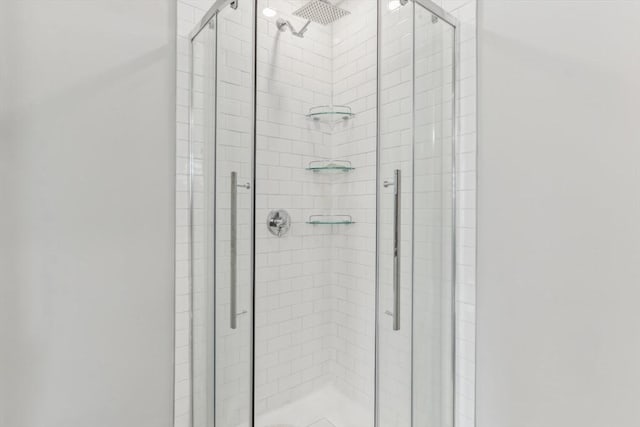 bathroom with a shower with shower door