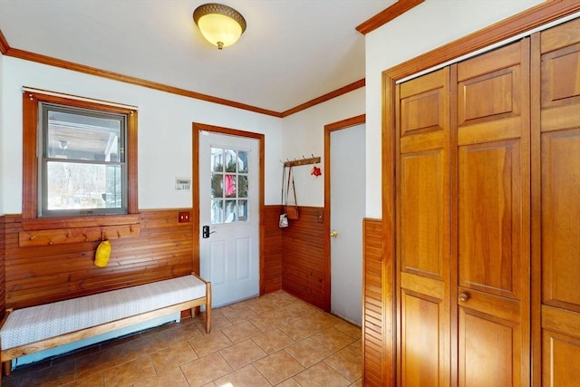 foyer with a wainscoted wall, wooden walls, and a wealth of natural light