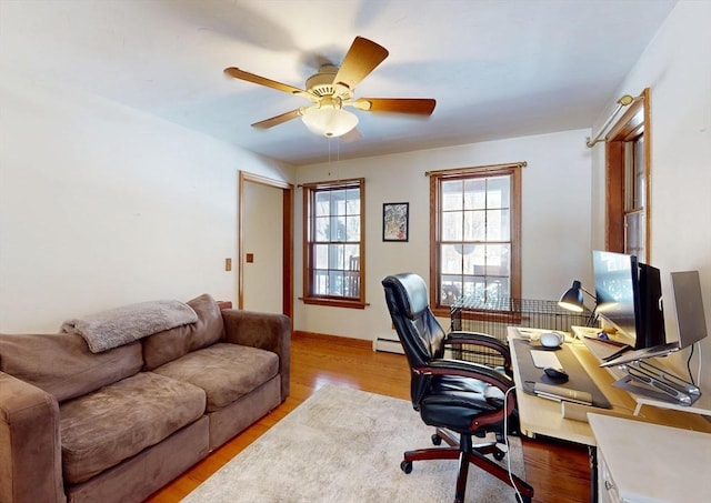 office area with a ceiling fan and wood finished floors