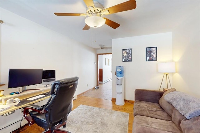 office area featuring light wood-style floors, ceiling fan, and baseboards