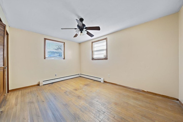 empty room with ceiling fan, light hardwood / wood-style flooring, and a baseboard heating unit