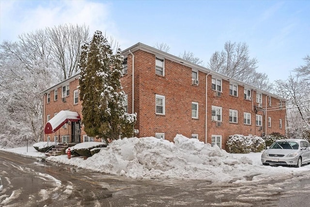 view of snow covered building