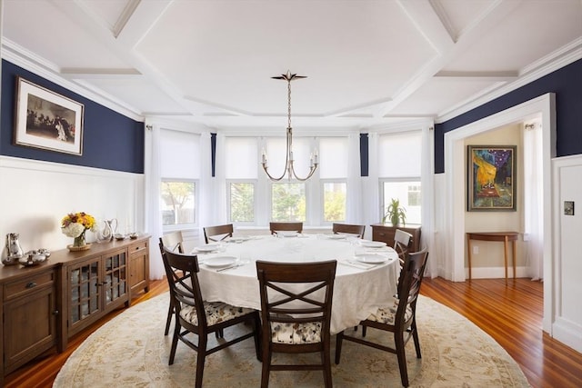 dining space with a notable chandelier, beam ceiling, coffered ceiling, and dark wood finished floors