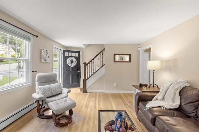 40 Abbott Ln, Chelmsford, MA 01824 - living room with a baseboard radiator, stairs, and light wood-type flooring