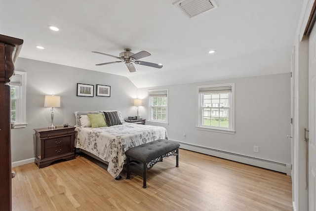 40 Abbott Ln, Chelmsford, MA 01824 - bedroom featuring baseboard heating, light wood-style floors, recessed lighting, a ceiling fan, and lofted ceiling