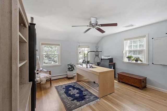 40 Abbott Ln, Chelmsford, MA 01824 - home office with ceiling fan, plenty of natural light, light wood finished floors, a baseboard radiator, and lofted ceiling