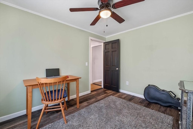 office space with a ceiling fan, baseboards, ornamental molding, and wood finished floors