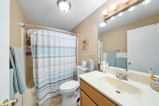 full bathroom featuring tile patterned flooring, vanity, shower / bath combo, and toilet