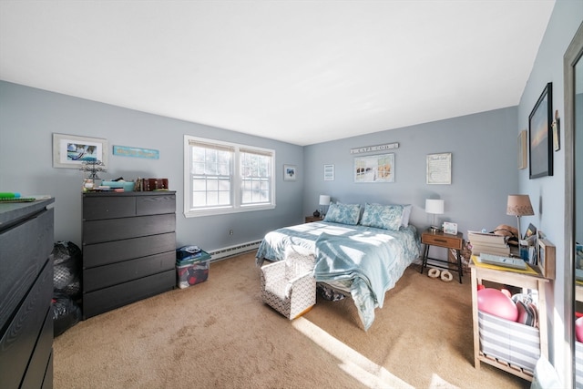 carpeted bedroom with a baseboard heating unit