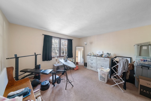 miscellaneous room featuring a textured ceiling and light colored carpet