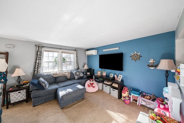 living room with light colored carpet and a wall mounted AC