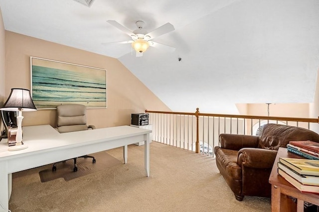 office with ceiling fan, light carpet, and lofted ceiling