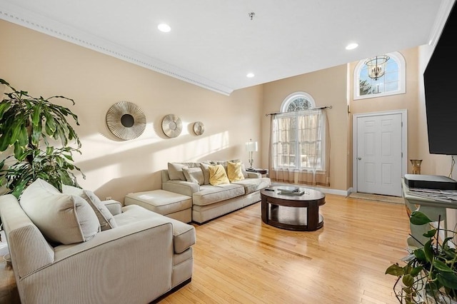 living room with crown molding and light hardwood / wood-style flooring