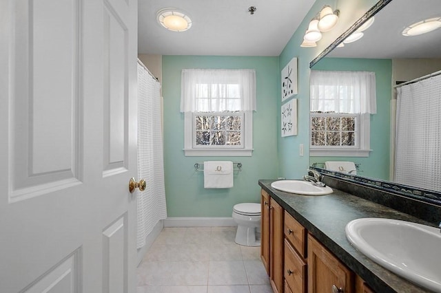 bathroom with toilet, tile patterned flooring, and vanity