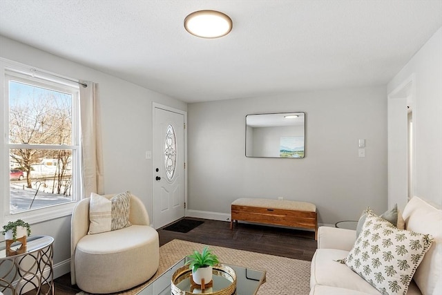 living area featuring dark wood-style floors, baseboards, and a wealth of natural light