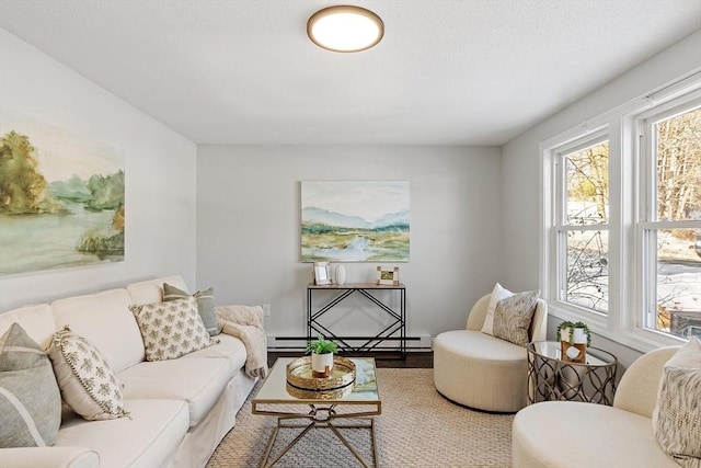 living room featuring a baseboard heating unit and wood finished floors