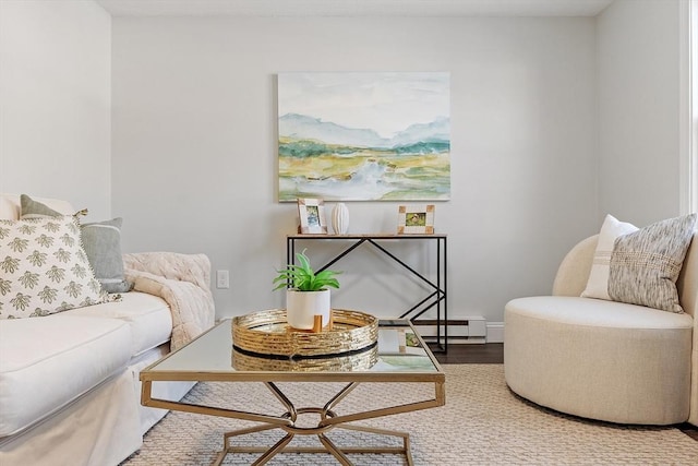 living area featuring baseboard heating, wood finished floors, and baseboards