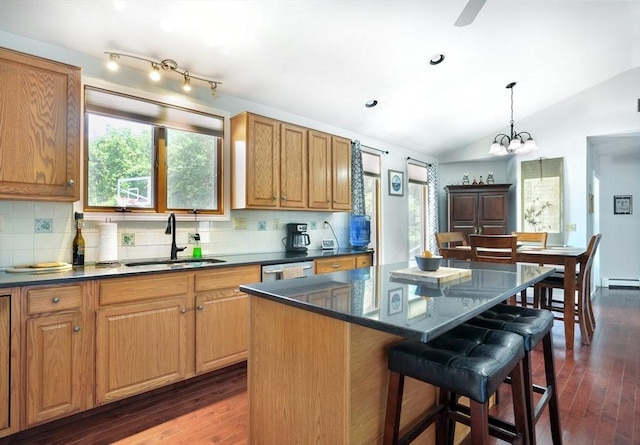 30 Pheasant Ln, Pembroke, MA 02359 - kitchen featuring a sink, plenty of natural light, vaulted ceiling, dark wood finished floors, and recessed lighting