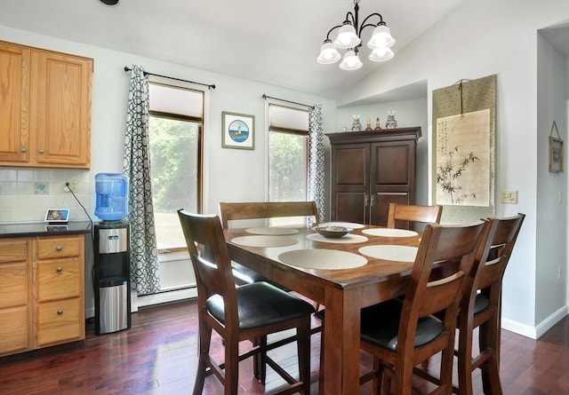 30 Pheasant Ln, Pembroke, MA 02359 - dining space with dark wood-style flooring, vaulted ceiling, a chandelier, baseboard heating, and baseboards