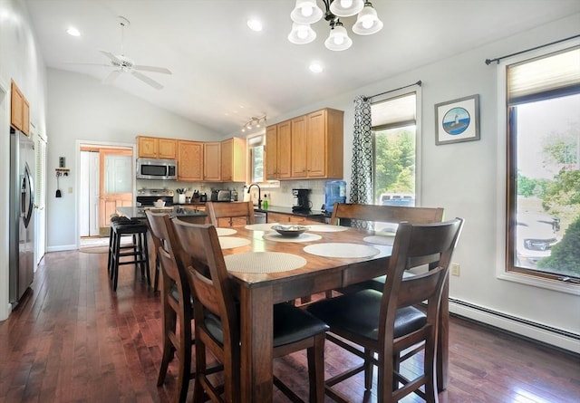 30 Pheasant Ln, Pembroke, MA 02359 - dining room with lofted ceiling, dark wood-style flooring, a baseboard heating unit, ceiling fan, and a chandelier