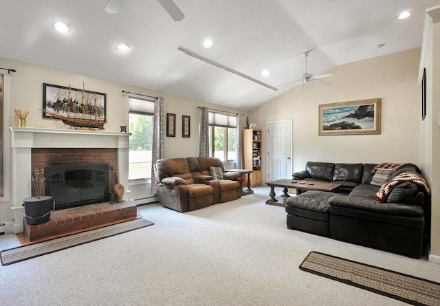 30 Pheasant Ln, Pembroke, MA 02359 - living room featuring a ceiling fan, carpet floors, a baseboard heating unit, recessed lighting, and lofted ceiling