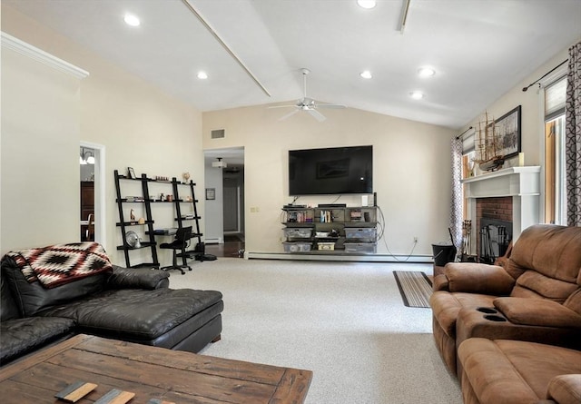 30 Pheasant Ln, Pembroke, MA 02359 - carpeted living room with vaulted ceiling, ceiling fan, a brick fireplace, baseboards, and recessed lighting
