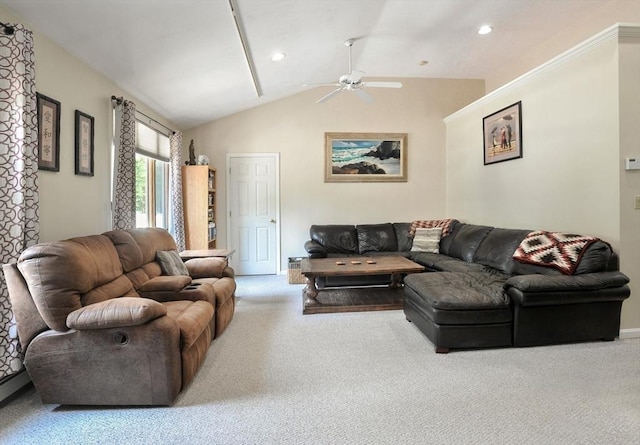 30 Pheasant Ln, Pembroke, MA 02359 - living room with a ceiling fan, carpet flooring, vaulted ceiling, baseboards, and recessed lighting