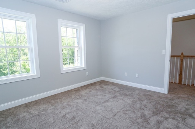 unfurnished room featuring carpet flooring, a textured ceiling, and a healthy amount of sunlight