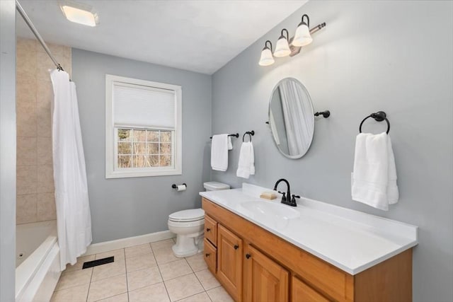 full bathroom featuring visible vents, toilet, tile patterned floors, vanity, and shower / bathtub combination with curtain