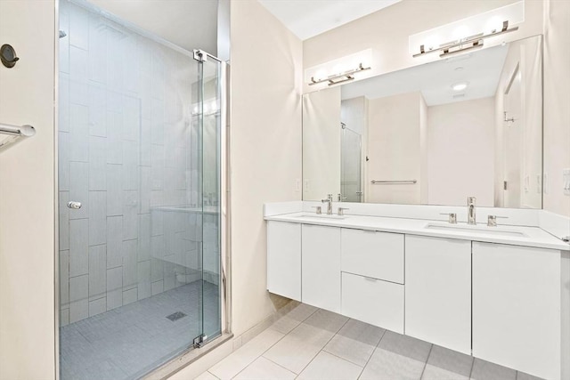 121 Portland St Unit Ph3, Boston, MA 02114 - bathroom with a stall shower, double vanity, and tile patterned floors