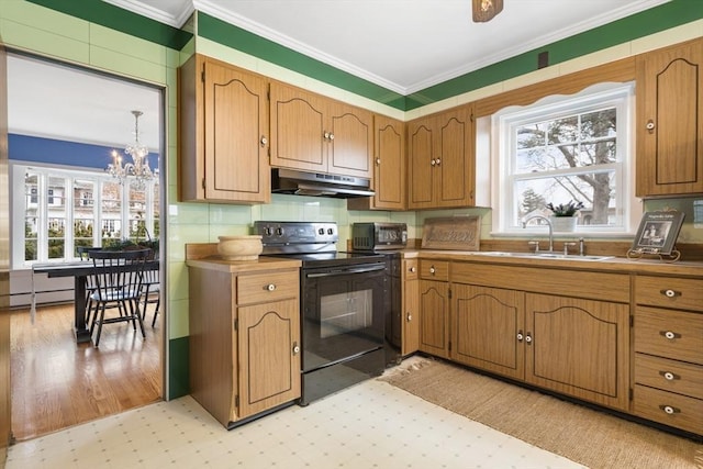 kitchen with an inviting chandelier, sink, electric range, ornamental molding, and a baseboard radiator