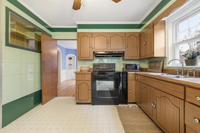 kitchen with black range with electric cooktop, ceiling fan, ornamental molding, and sink