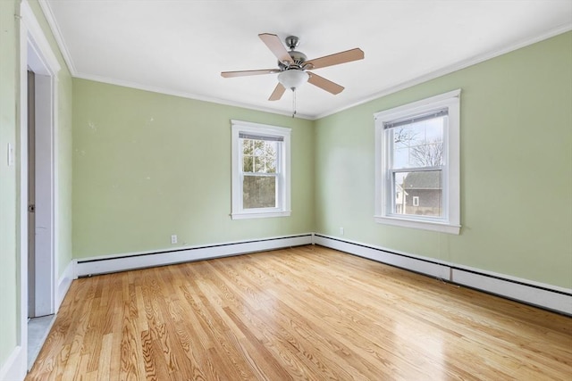 unfurnished room featuring crown molding, ceiling fan, light hardwood / wood-style floors, and a baseboard heating unit