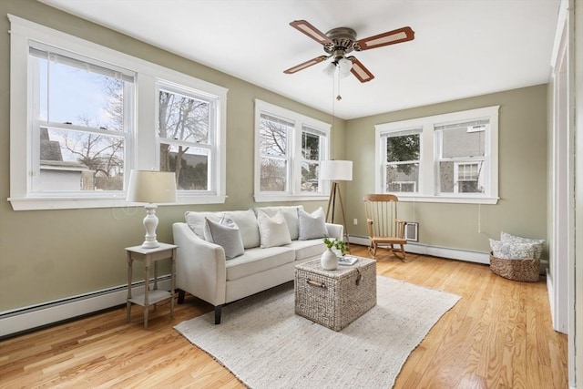 sunroom with ceiling fan and a baseboard radiator