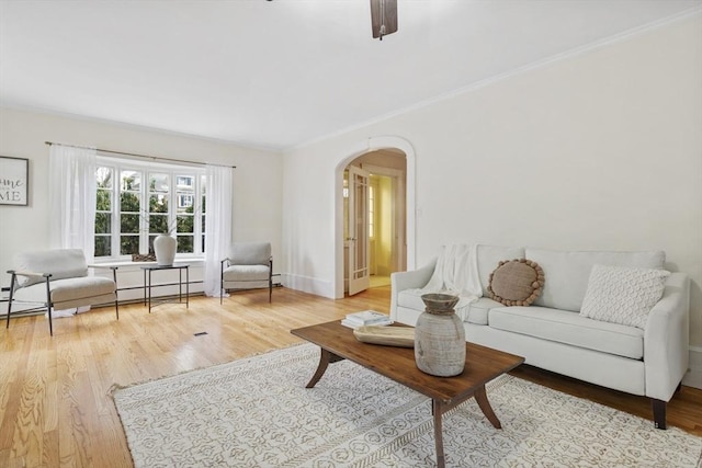 living room with light hardwood / wood-style floors, a baseboard radiator, and crown molding