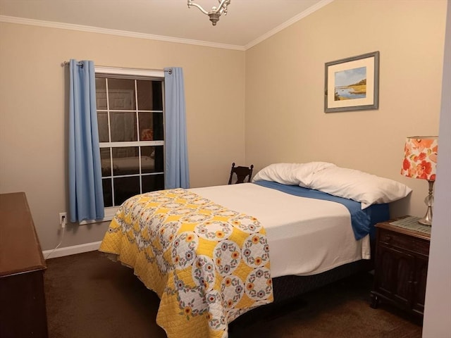 bedroom featuring baseboards, dark carpet, and ornamental molding