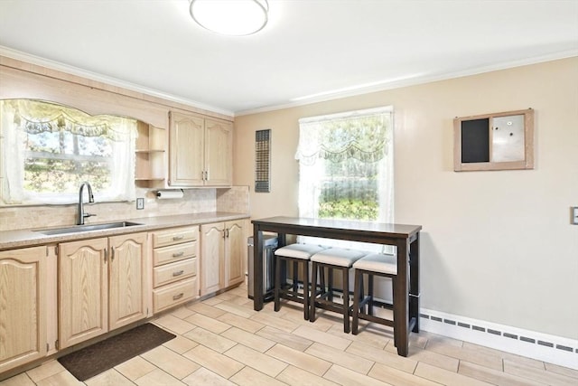 kitchen with light brown cabinetry, backsplash, ornamental molding, and a sink