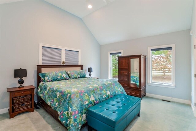 26 Crosswinds Way, Falmouth, MA 02536 - bedroom featuring multiple windows, baseboards, lofted ceiling, and carpet