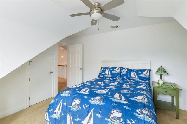 26 Crosswinds Way, Falmouth, MA 02536 - carpeted bedroom featuring visible vents, vaulted ceiling, and a ceiling fan