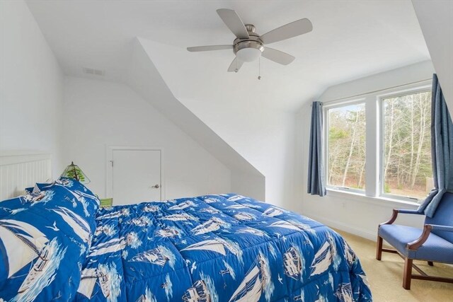 26 Crosswinds Way, Falmouth, MA 02536 - bedroom with carpet floors, a ceiling fan, lofted ceiling, baseboards, and visible vents