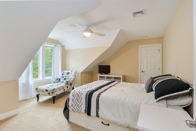 26 Crosswinds Way, Falmouth, MA 02536 - bedroom with vaulted ceiling, a ceiling fan, baseboards, light colored carpet, and visible vents