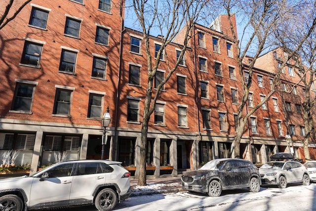 view of snow covered building