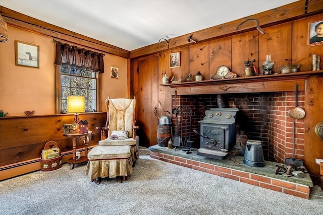 living area with wooden walls, carpet, and a wood stove