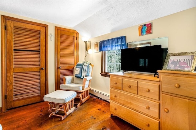 living area featuring a baseboard radiator, a textured ceiling, lofted ceiling, and dark wood-style floors