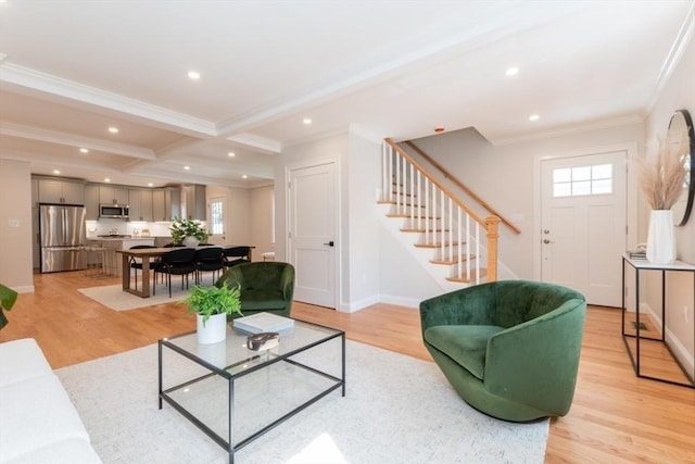 12 Cuba St Unit 12, Watertown, MA 02472 - living area featuring stairway, plenty of natural light, light wood-type flooring, crown molding, and recessed lighting