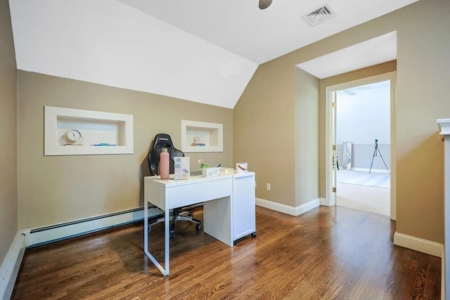 office area with a baseboard radiator, lofted ceiling, ceiling fan, and dark hardwood / wood-style flooring