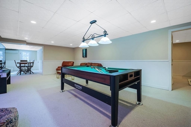 rec room with billiards, light carpet, and a drop ceiling