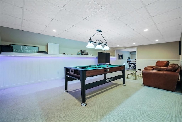 rec room with carpet floors, a paneled ceiling, and billiards