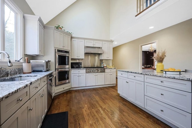 kitchen featuring white cabinetry, sink, dark hardwood / wood-style flooring, light stone counters, and stainless steel appliances